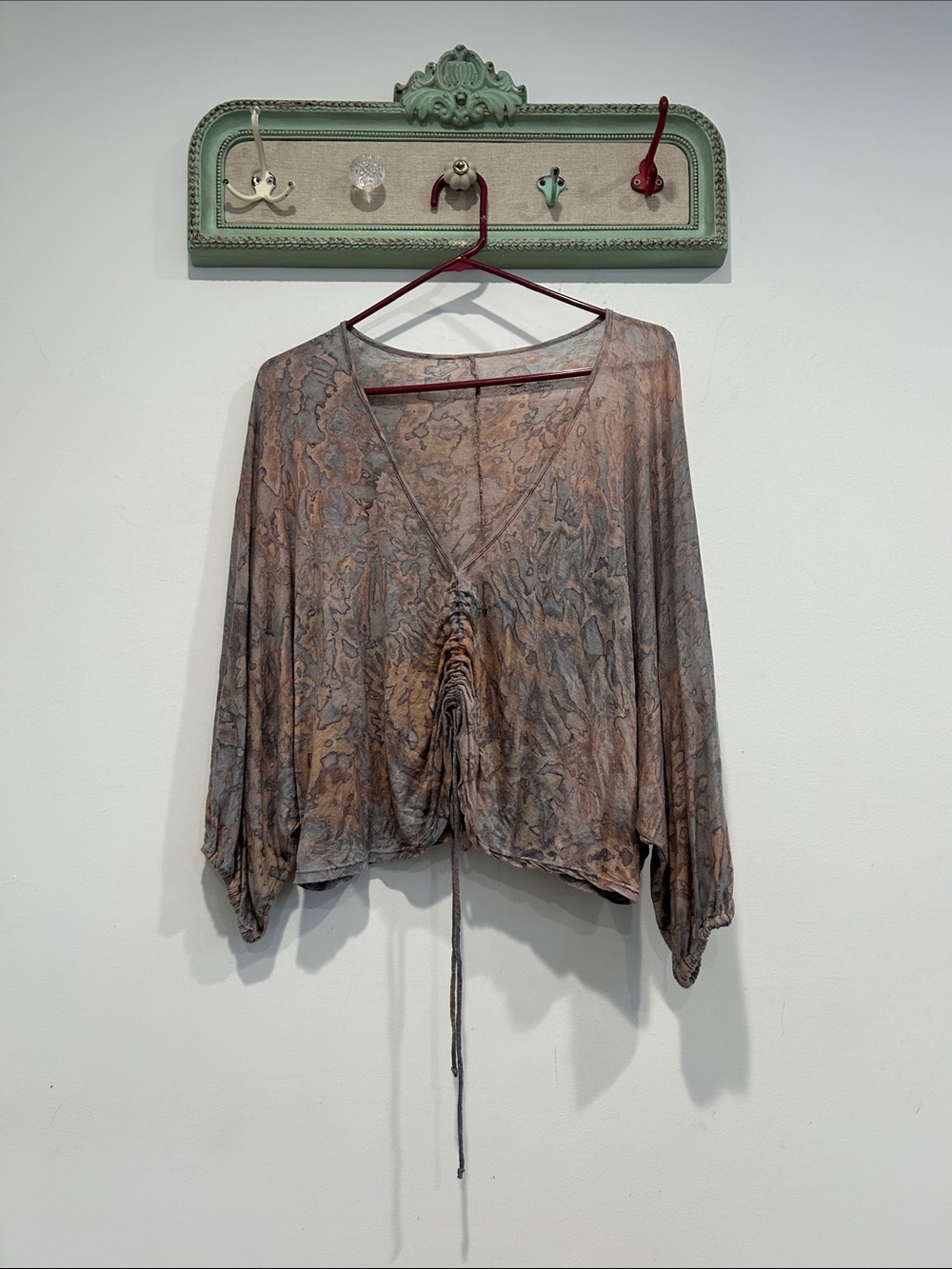 Boho blue life modal silk Ruched V-Neck Women's Top Brown Gray tie-dye medium